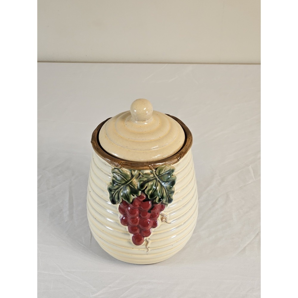 Vintage Ceramic Honey Pot Jar w/ Lid Beehive Shape Grapes Design Cream Glazed Ki